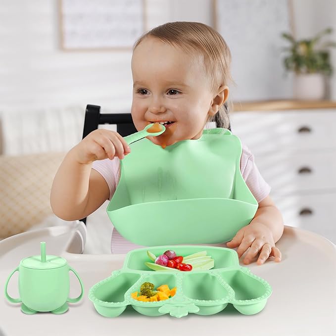 BXLL 10 Pcs Green Silicone Baby Feeding Set - Baby Led Weaning Supplies with Suction Bowl, Divided Plate, Bibs, Fruit Feeder, Pacifier, Spoons, Forks, Sippy Cup & Snack Cup