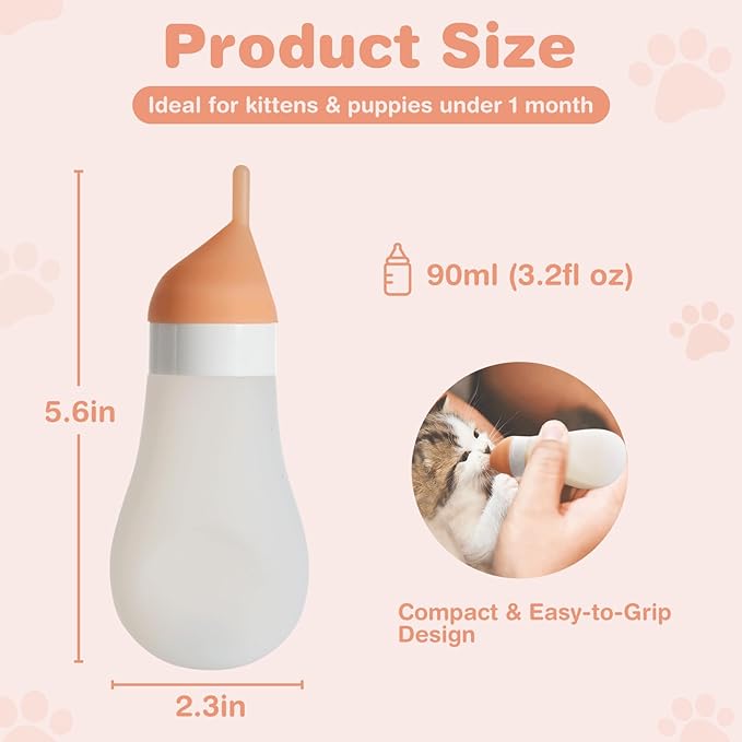 Kitten Bottle Feeding Kit, Soft Silicone Squeezable Puppy Bottles for Adjustable Milk Flow with Replacement Nipple & Syringe, Newborn Puppy & Kitten Milk Feeder(White, 3.2fl oz)