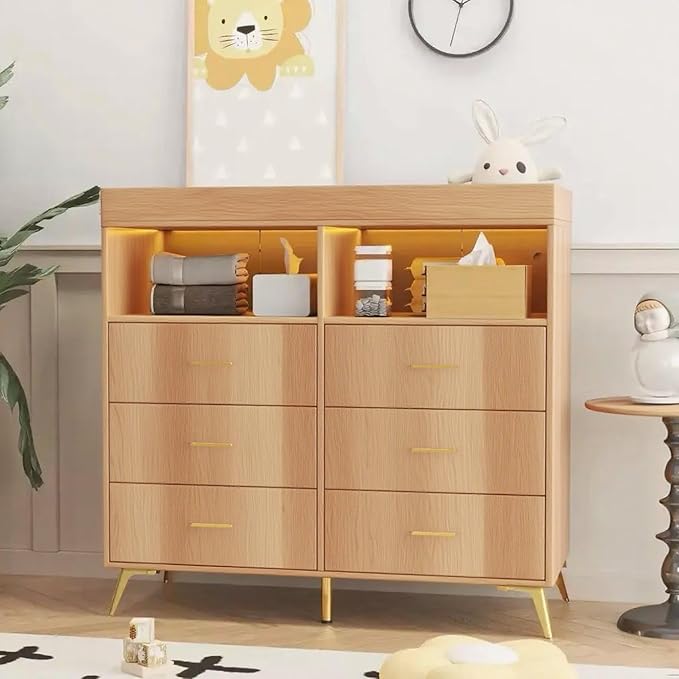 GarveeHome Dresser for Bedroom with 6 Drawers, Baby Changing Table Dresser with Changing Pad, LED Lights & Charging Station, Baby Changing Station with Changing Table Top
