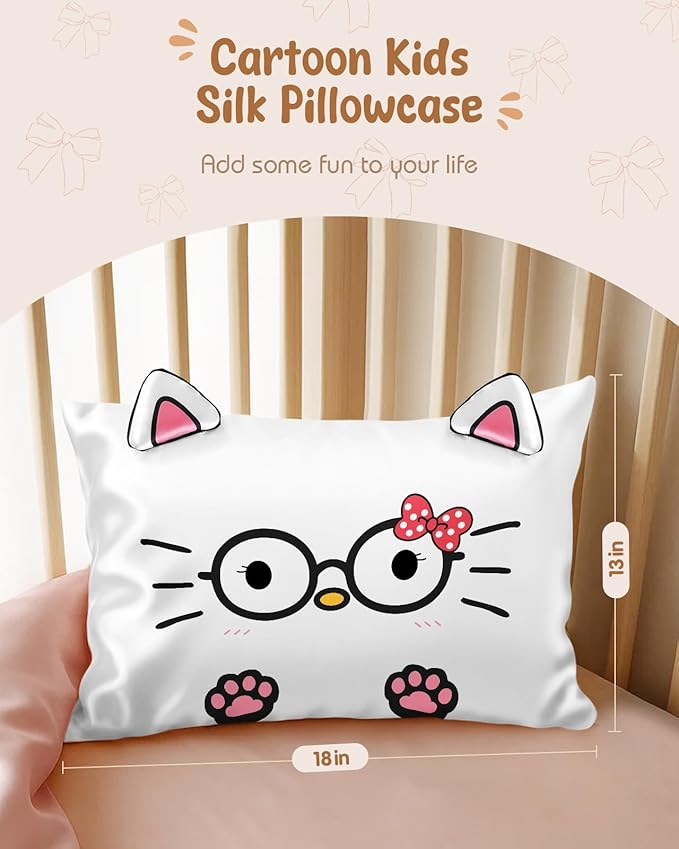 Toddler Pillowcases 13"x18" for Kids - Cute Cartoon Soft Breathable Silk Pillow Cases for Hair and Skin with Hidden Zipper for Girls Fun Kawaii Design for Bedding, Glasses Cat