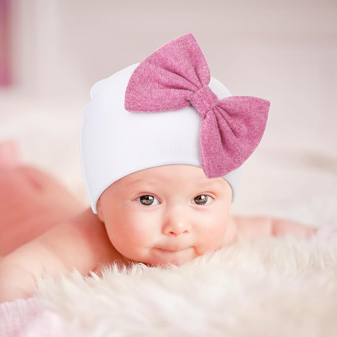BQUBO Newborn Baby Girls Hats Mittens Set Hospital Hat Beanie Infant Bow Hats Baby Cotton Gloves for 0-6 Months