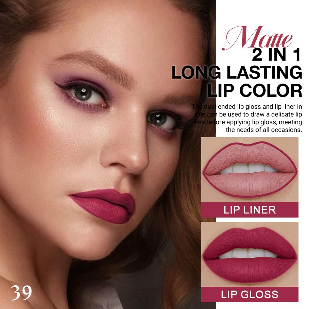 evpct 1Pcs Deep Cranberry Red Matte Lip Liner and Liquid Lipstick Stain Makeup Set for Women, Red Long Lasting Smudge Proof Lipstick labiales matte mate larga duracion listip 24 hours originales, 39#