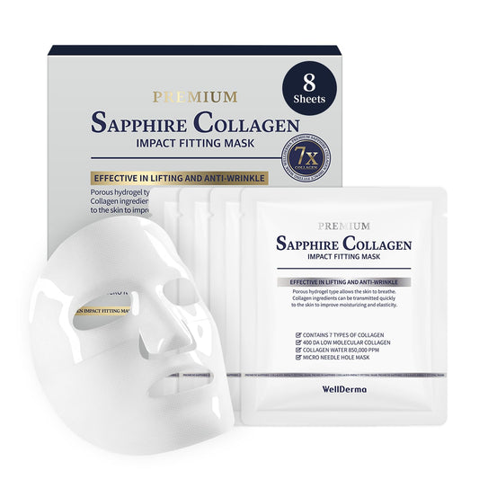 WELLDERMA Sapphire Collagen Impact Hydrogel Fitting Mask, 25g x 8 Sheets – Hydrating & Firming Micro-Hole Sheet Mask with Collagen Water 850,294ppm, Niacinamide & Peptides