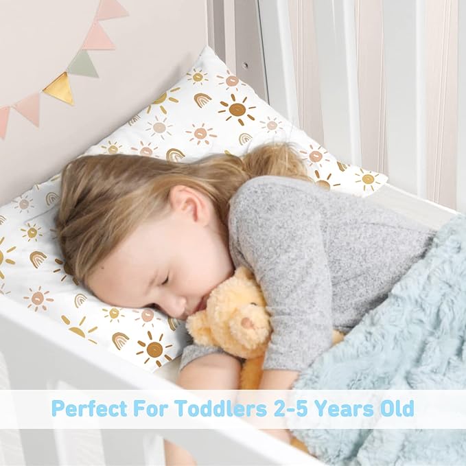 2-Pack Toddler Pillow,13X18 Cotton Toddler Pillows for Sleeping, Machine Washable Kids Pillows with Pillowcase, Perfect for Travel, Toddlers Cot (Sunny Rainbow)