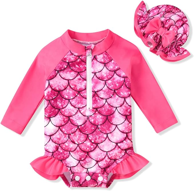 Aalizzwell Baby Girls Long Sleeve One Piece Swimsuit with Hat