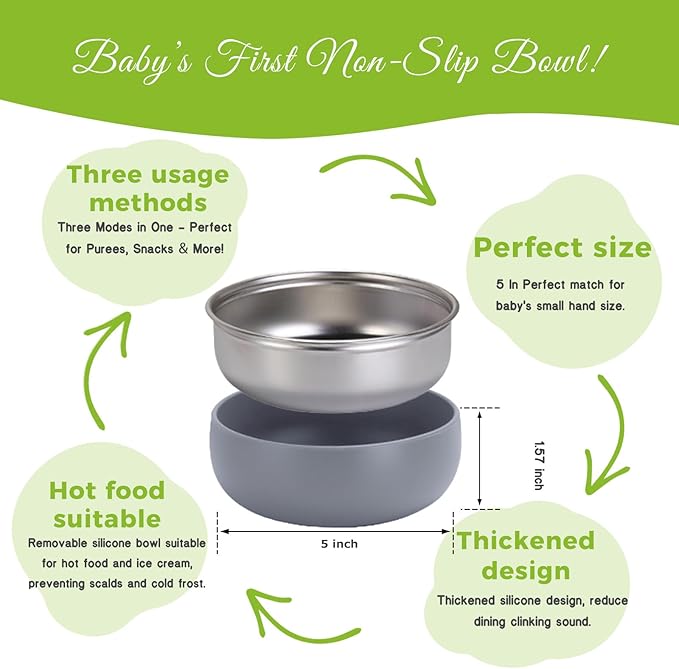 Non-Toxic Toddler Bowls with Non-Slip Base | Stainless Steel Baby Bowls for Kids | 5 Inch BPA-Free Dishwasher Safe Bowls | Mess-Free Feeding Supplies | 4-Pack Set