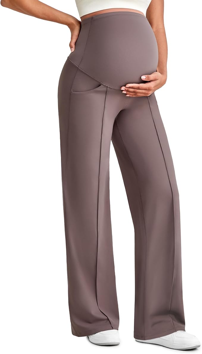 G4Free Maternity Dress Yoga Pants with Pockets Over The Belly Stretchy Work Slack Pregnancy Wide Leg Lounge Trousers