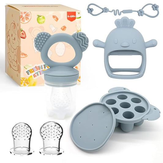 Baby Fruit/Food Feeder with Breastmilk Popsicle Molds & Teether Combo Food Grade Silicon for 6M+ Breastmilk Pops, Frozen Fruit, Baby Teething Relief, Christmas Idea Gift (Blue)