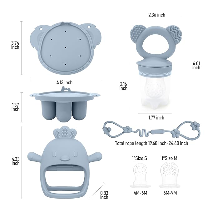 Baby Fruit/Food Feeder with Breastmilk Popsicle Molds & Teether Combo Food Grade Silicon for 6M+ Breastmilk Pops, Frozen Fruit, Baby Teething Relief, Christmas Idea Gift (Blue)