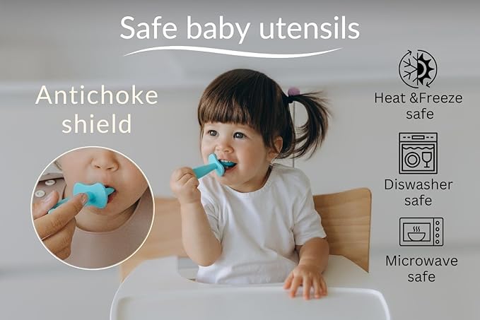 Growing Love Baby Spoons Set, Self Feeding 6 months, Pre-Spoon, Baby utensils, training spoon, cuchara bebe, blw, 100% silicone, Anti choke shield (pink)