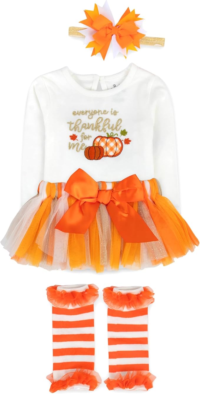 Baby Girl Holiday Outfit 4-Piece Set – Long Sleeve Bodysuit, Pants, Tutu Skirt & Headband – Halloween, Thanksgiving