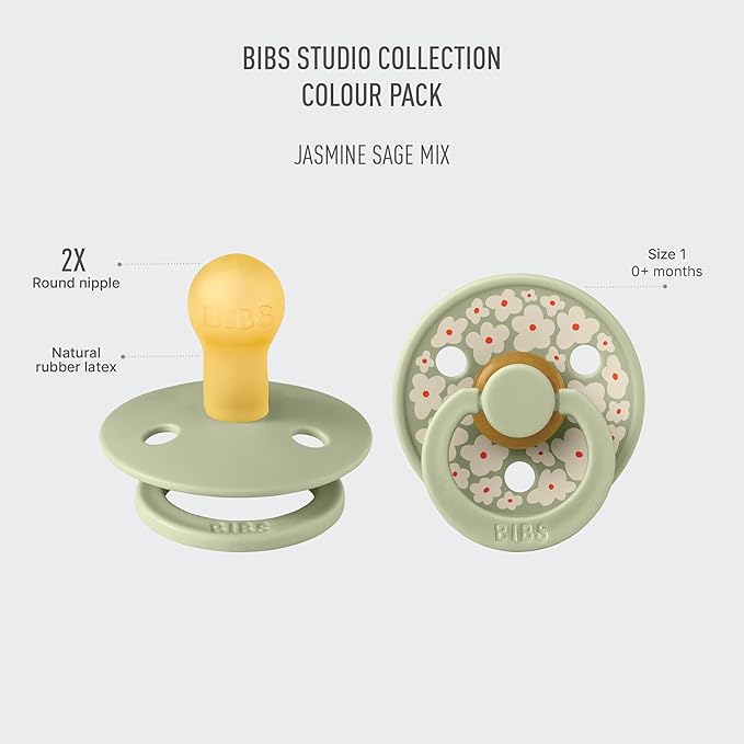BIBS Pacifiers - Studio 2 Pack | Round Nipple Baby Pacifier | BPA Free Natural Rubber Latex Soother | Made in Denmark | Size 0+ Months | Jasmine Sage