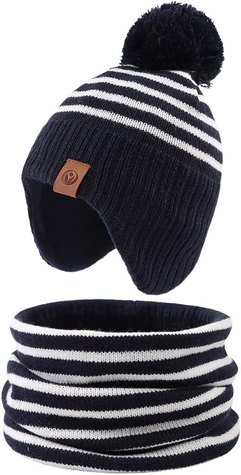 JANGANNSA Knitted Baby Hat Scarf Set Winter Warm Boys Girls Beanie Fleece Lining Toddler Kids Hats with Pompom