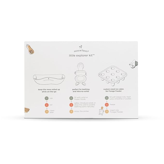 Moss and Fawn Little Explorer Kit - Silicone Frozen Breast Milk Popsicle Kit with Forage Feeder, Teething Popsicle Ice Cube Tray, & Gather & Roll Baby Feeding Bib - BPA, PVC, & Lead-Free - Fern
