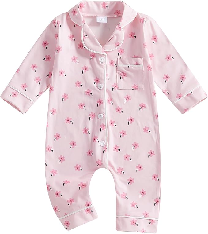 Balaflyie Baby Girl Button Down Pajamas Romper One-Piece Jumpsuit Long Sleeve Sleeper Infant Sleepwear