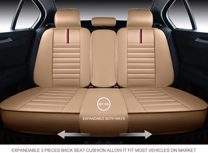 OASIS AUTO Car Seat Covers Premium Waterproof Faux Leather Cushion Universal Accessories Fit SUV Truck Sedan Automotive Vehicle Auto Interior Protector Full Set (OS-001 Tan)