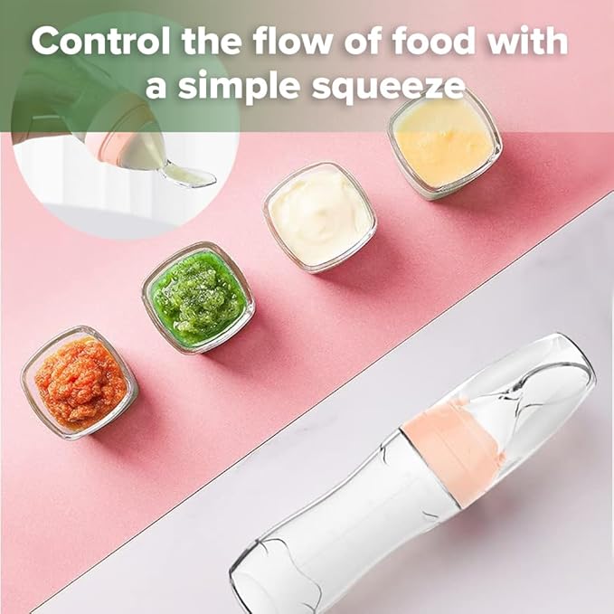 Haakaa Silicone Baby Food Dispensing Spoon Feeder 4oz - Infant Squeeze Cereal Feeder, Baby Fresh Food Feeder, Feed Bottle for Puree, Solid Baby Food, BPA Free, 4m+ Babies – Peach