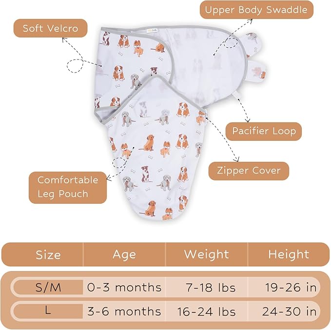 LollyBanks Baby Swaddles, 100% Organic Cotton Swaddles for Newborn Boy and Girl, 0-3 Months Swaddle Sacks with Easy Change Zipper, Swaddle Neutral Baby Registry (Puppies Print)