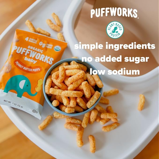 Puffworks Baby Organic Peanut Butter Puffs, Perfect for Early Peanut Introduction, Plant-Based Protein, USDA Organic, Gluten-Free, Vegan, Non-GMO, Kosher, 0.5 Ounce (Pack of 12)