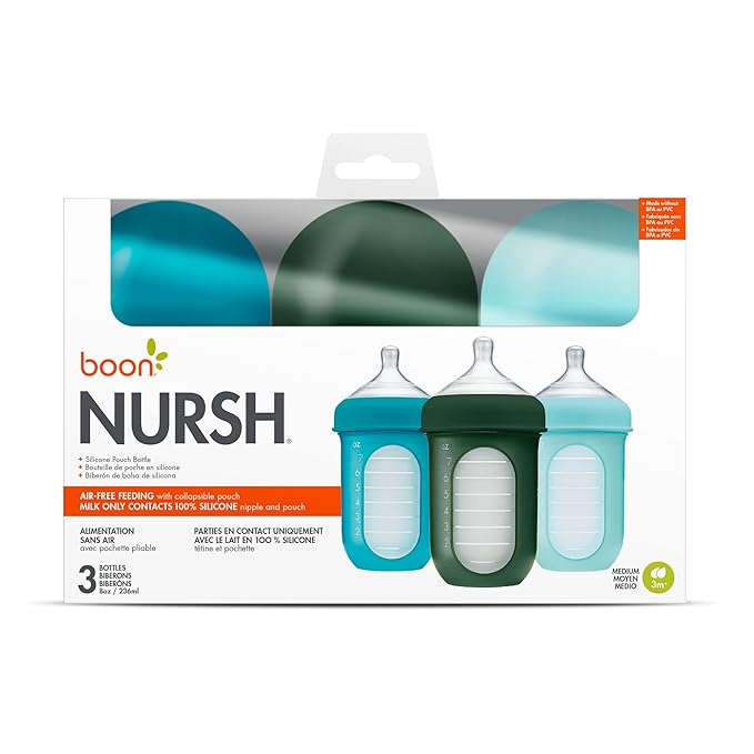 Boon Nursh Reusable Silicone Pouch Baby Bottles - Medium Flow Nipple - Silicone Baby Bottle Pouch and Nipple - Baby Feeding Essentials - Blue - 3-6 Months - 3 Count - 8 Ounce