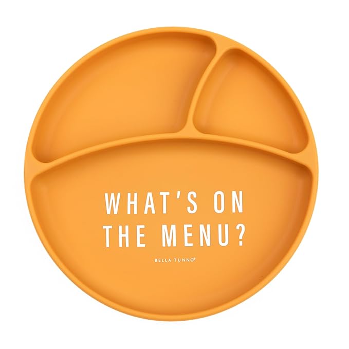 Bella Tunno Suction Plate for Babies & Toddlers, Self-Feeding Dish for Baby Led Weaning, Silicone Divided Plate, Sticks to Highchair Trays & Tables, Microwave & Dishwasher Safe, What’s on the Menu