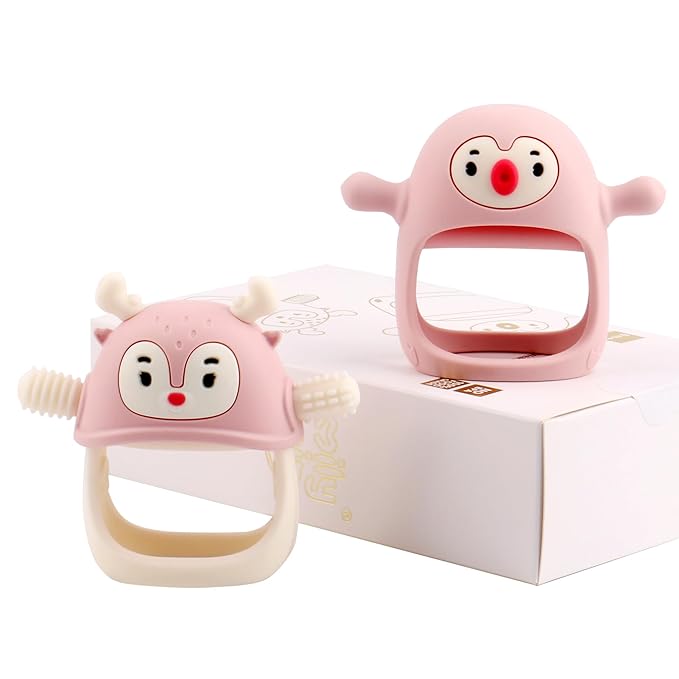 Smily Mia Baby Teething Toy |Penguin Teether for 0-6Months |Reindeer Baby Chew Toys for 3m+, Soft Silicone Hand Teether |Teething Mitten for Teeth Pain Relief, Newborn Essentials Gift Box, Light Pink