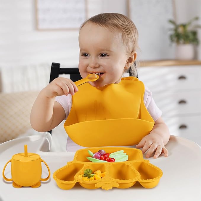 Silicone Baby Feeding Set 10 Pcs Baby Led Weaning Supplies Suction Bowl Divided Plate Baby Bibs Fruit feeder Pacifier Baby Spoons Forks Sippy Cup Utensil Sets Baby Essentials for Newborn Gift Yellow