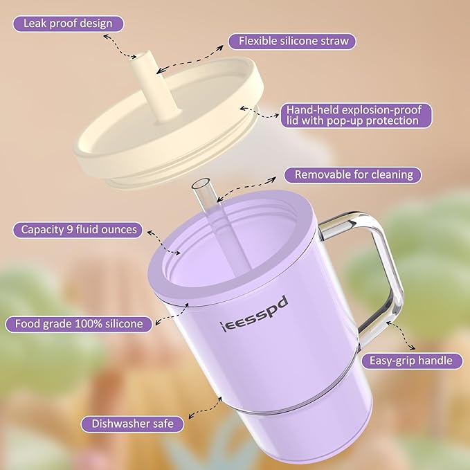Toddler Cups – 9 oz Adorable Miniature Tumbler with Leak-Resistant Straw and Toddler-Friendly Handle, Encourages Hydration, Easy to Clean, Sippy cups for Toddlers 1-3，BPA Free silicone (Lilac)