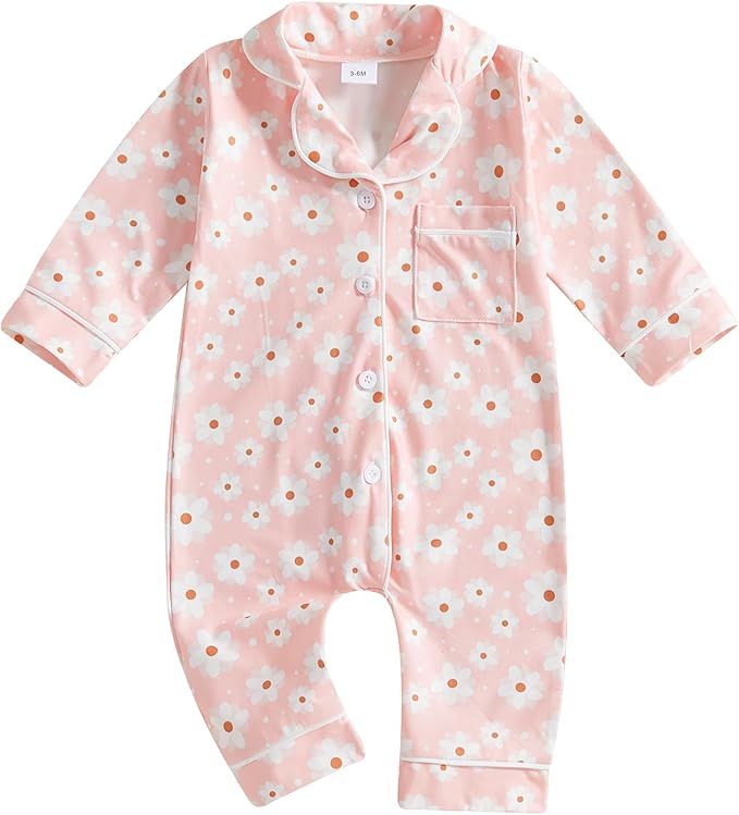 Balaflyie Baby Girl Button Down Pajamas Romper One-Piece Jumpsuit Long Sleeve Sleeper Infant Sleepwear