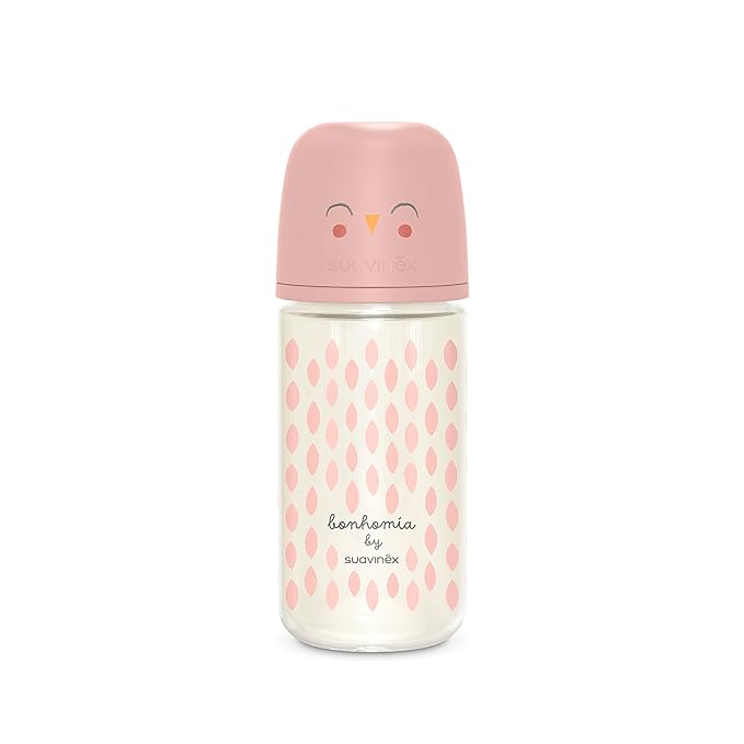 Suavinex Bonhomia Glass Baby Bottle with SX PRO Silicone Nipple, Anti Colic Baby Bottles, Baby Bottles for Breastfed Babies, Medium Flow, 3mo, 8oz, Pink