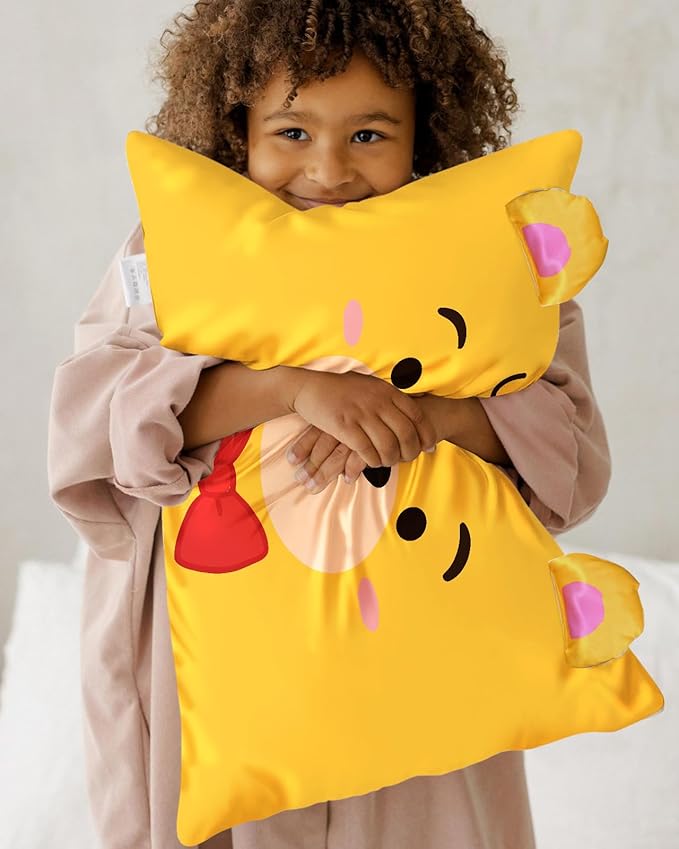 Toddler Pillowcases 13"x18" for Kids - Cute Cartoon Soft Breathable Silk Pillow Cases for Hair and Skin with Hidden Zipper for Boys Girls Fun Kawaii Design for Bedding, Yellow Bear