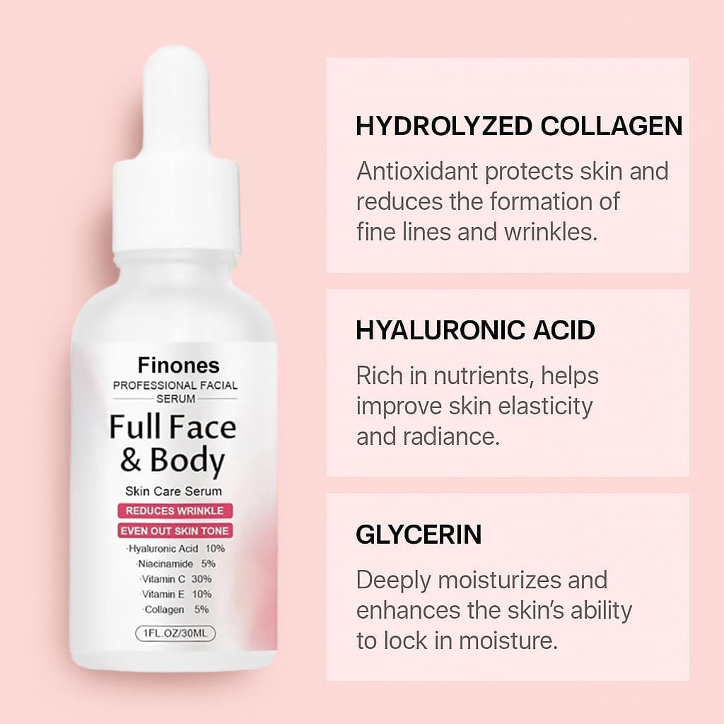 Skin Vitamin Serum, Finones Full Face and Body Serum, 5 in 1 Anti Wrinkle Firming Suero, Anti-Aging Essence, Lifting Firming Essence, Hydrate Moisturize, Reduce Fine Lines