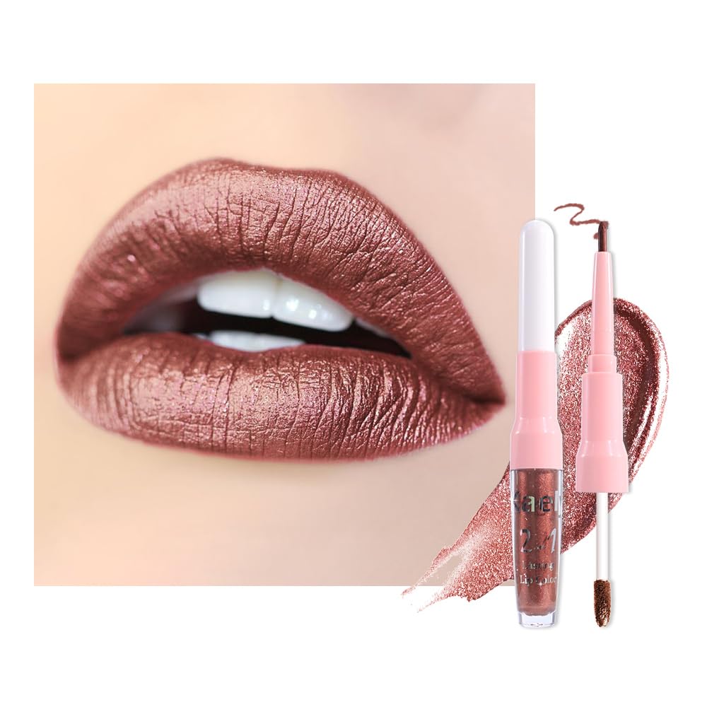 Kaely 2-in-1 Brown Metallic Lipstick and Lip Liner, Shimmer Liquid Metallic Lipsticks for Women, Glitter Lip Gloss Stain Long Lasting Waterproof Smudge Proof 24 Hour, Vegan Makeup, 08