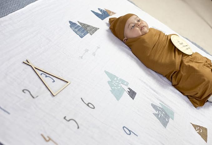 100% Organic Cotton Muslin Monthly Baby Milestone Blanket with Wooden Hello World Newborn Sign, Newborn Photography Props, Birth Announcement Sign, Eucalyptus