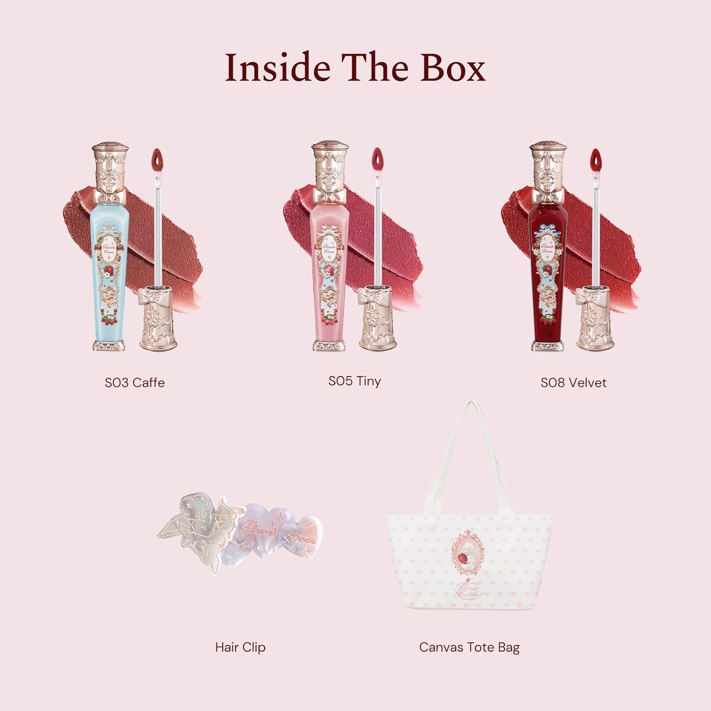 Flower Knows Strawberry Cupid Cake Lip Cream 3-Piece Set,V03+V06+V07 with Canvas Tote Bag & Hair Clip,Velvety Matte Liquid Lipsticks,Moisturizing Long Lasting Lip Stain for Girls & Wome