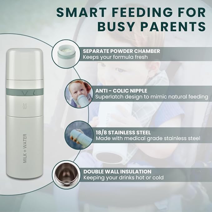MILK & WATER All in One Baby Bottle & Baby Formula Dispenser On The Go, 9oz - Keeps Water Warm & Formula Fresh - Baby Formula Mixing Bottle with Anti Colic Nipple - Leak-Proof - 3+ Months (Green)