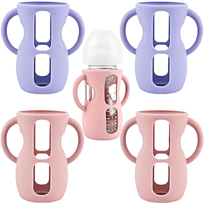 4 Pack Silicone Sleeves for Avent Natural Glass Baby Bottles, Silicone and Easy-Grip Handles for Drop Protection, Compatible with Philips Avent 4/8 OZ Glass Bottle (2 Pink+2 Purple, 8 OZ)