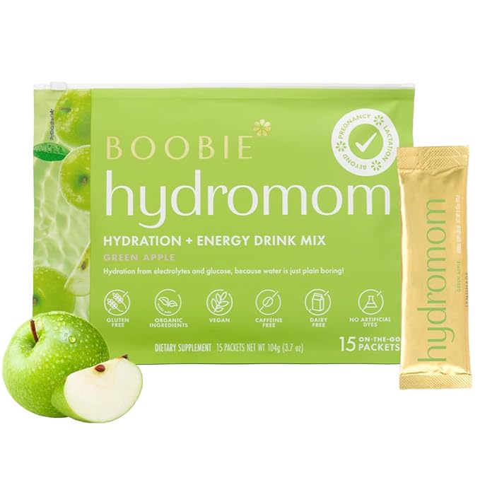 Boobie Hydromom Superfood Electrolyte Drink Mix, Green Apple | Refreshing Energy & Hydration Boost for Mamas | On-The-Go & Travel Essentials for Pregnancy, Lactation, & Beyond, 15 Packets