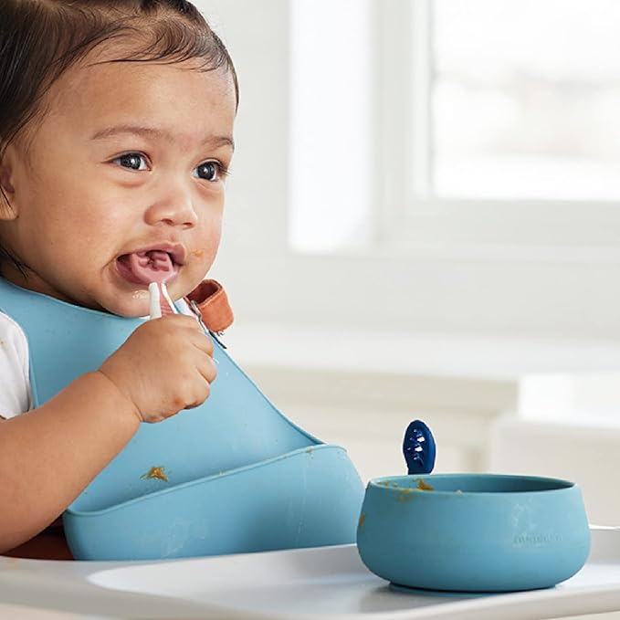 NumNum Baby Bowl & 2 Pack GOOtensils Baby Spoons, Suction Bowls for Baby 4+ Months, Extra Strong Non-Slip Suction, 100% Food-Grade Silicone, BPA-Free, Microwave & Dishwasher Safe (Green/Blue)