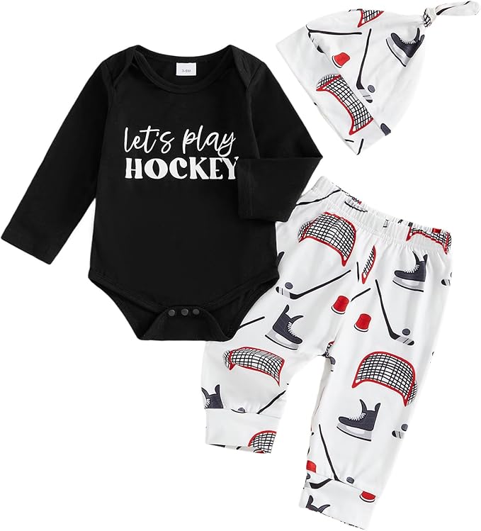 Baby Boy Hockey Outfit New Player in Town Long Sleeve Romper Long Pants Hat Set 3Pcs Newborn Fall Winter Clothes