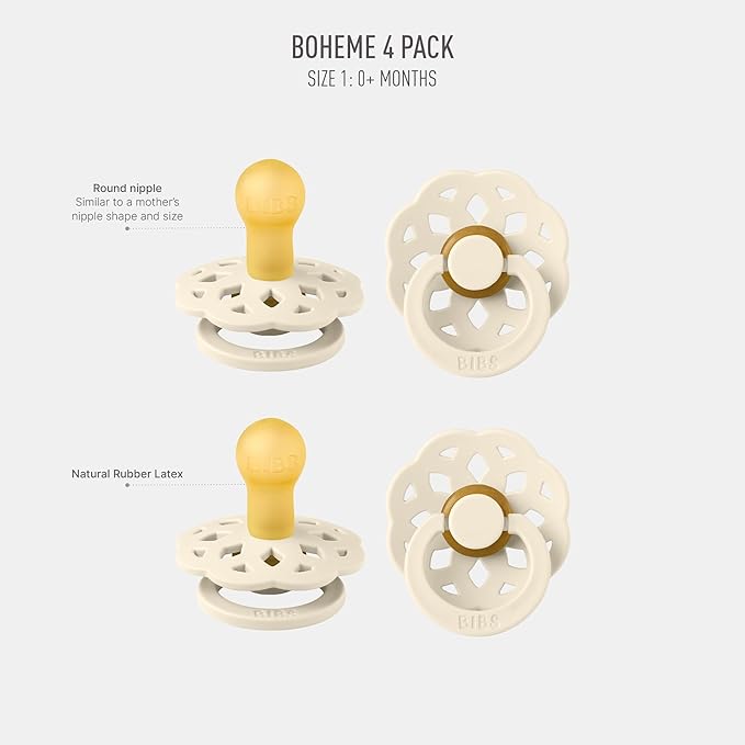 BIBS Boheme BPA-Free Pacifier Set for 0–6 Months | Natural Latex Round Teats | Soft Rubber Infant Soothers | 4-Pack | Made in Denmark | Ivory