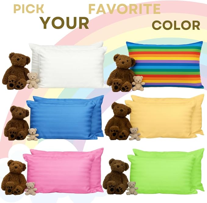 kinder Fluff Kids Pillows (2Pack) 13x18in - Small Pillow for Kids Age 2+, 100% Cotton Sateen Stripes Shell 300T, Down Alternative Fill, Machine Washable - Children & Travel Cushion - Yellow - S