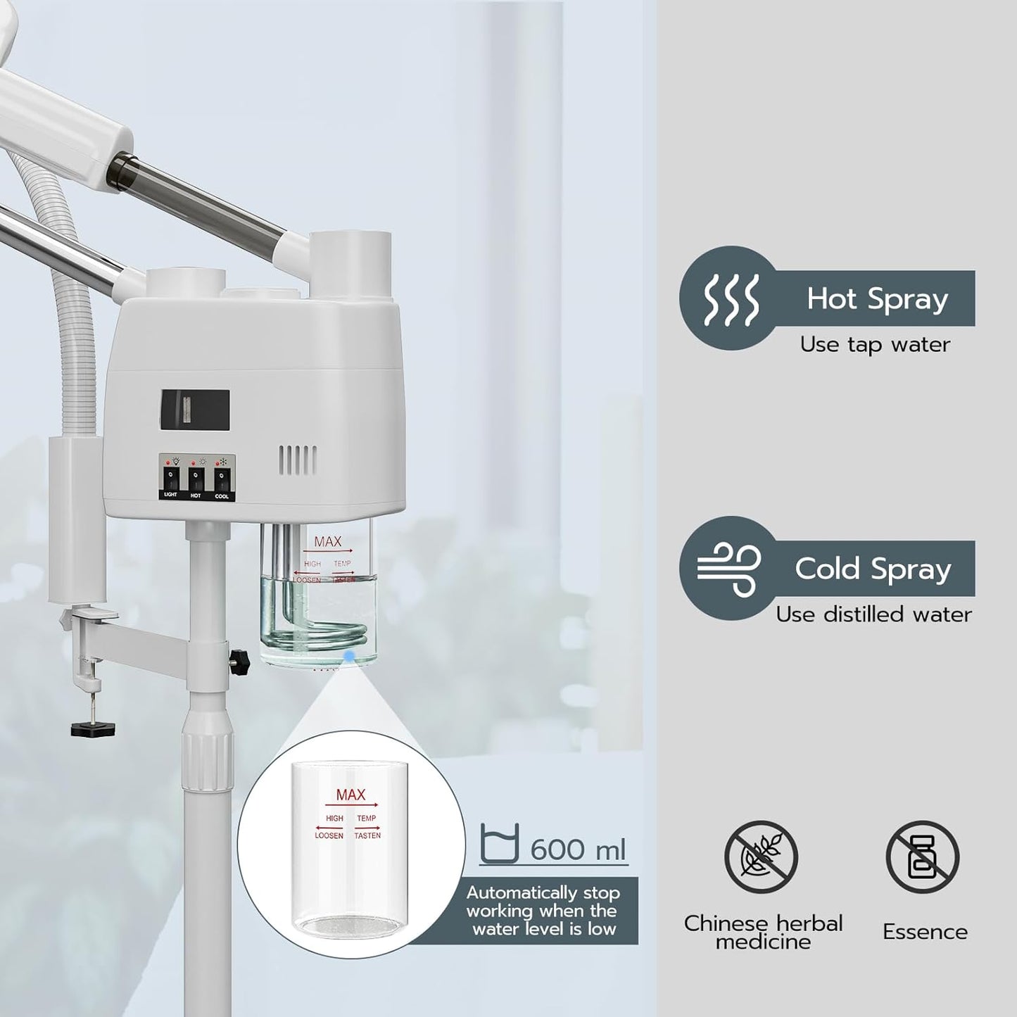 Paddie Professional 3 in 1 Facial Steamer on Wheels for Esthetician, Hot & Cold Mist, 5X LED Magnifying Lamp, White