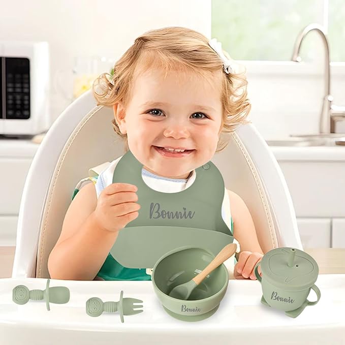 Personalized Silicone Baby Feeding Set with Name, Customized Baby Led Weaning Supplies Self Feeding Eating Utensils with Spoon, Fork, Silicone Suction Bowls, Cup, Plate Dusty Blue
