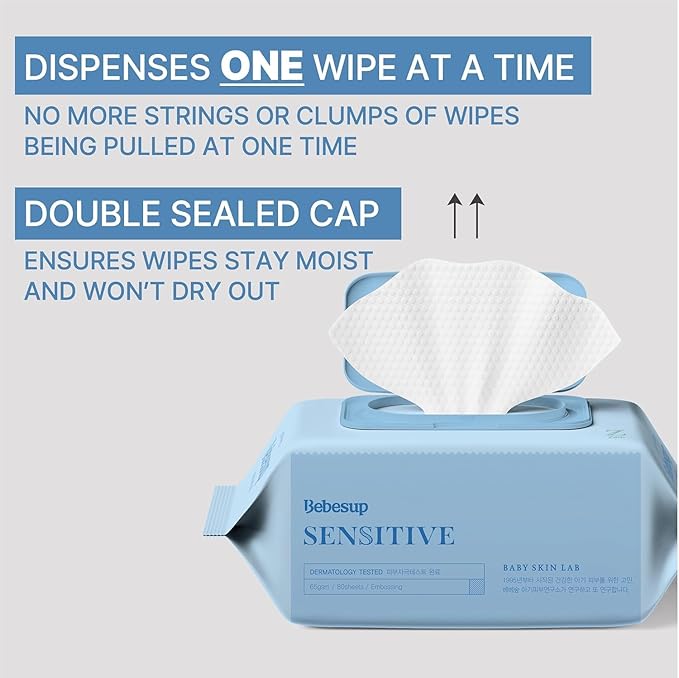 BEBESUP-Korea’s #1 Sensitive Baby Wipes -Hypoallergenic Water-based Unscented Alcohol-Free Extra-Thick Ｏrganic Superfood Extracts Plant- Based for sensitive skin Flip-Top (1 Pack)