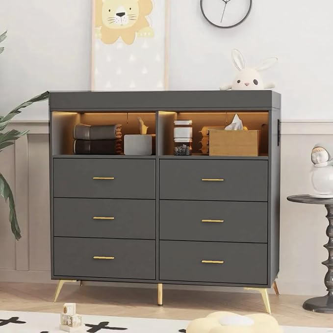 GarveeHome Dresser for Bedroom with 6 Drawers, Baby Changing Table Dresser with Changing Pad, LED Lights & Charging Station, Baby Changing Station with Changing Table Top