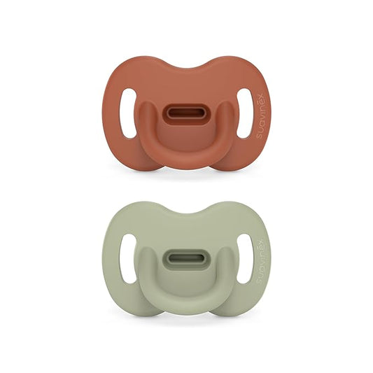 Color Essence SX PRO Silicone Baby Pacifier 2Pk, Made with 100% Soft Silicone, Baby Essentials Perfect for Breastfeeding Babies, Designed in Spain, 0-6 Mths, Orange/Green