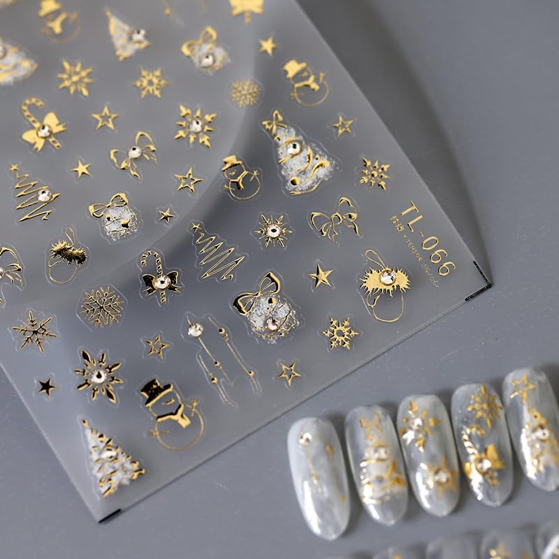 5D Embossed Christmas Nail Art Stickers Gold Snowflake Nail Stickers Self-Adhesive Snowman Xmas Tree Rhinestone Star Nail Decals for Women Girls Winter Holiday Manicure DIY Supplies