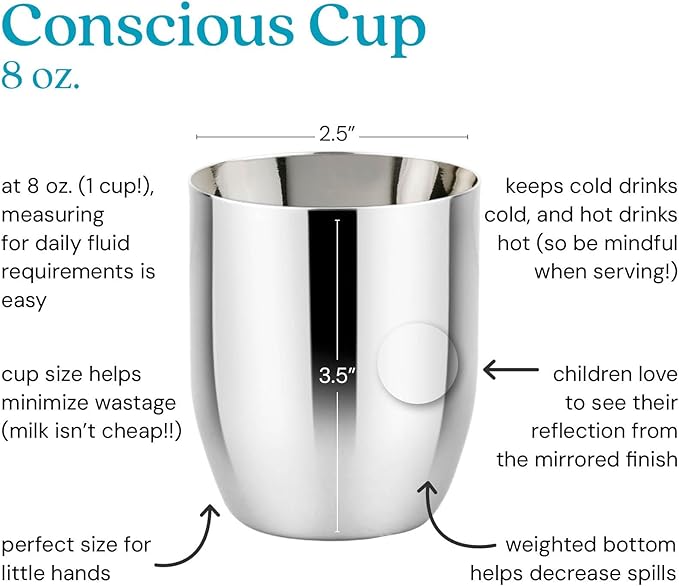 Ahimsa Stainless Steel Kids Cups - Pediatrician Designed Toddler Cup for Open Cup Training, 8oz, 100% BPA Free & Dishwasher Safe (Set of 4 Stainless Steel Cups)