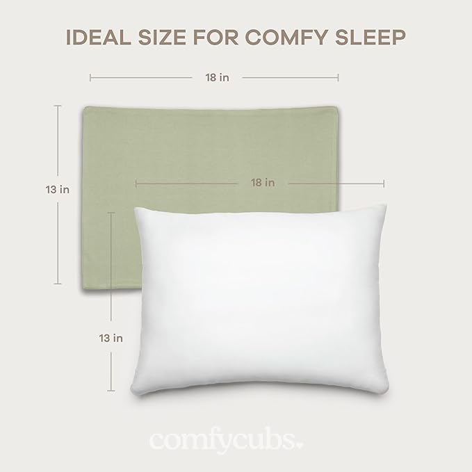 Comfy Cubs Toddler Pillow with Cotton Pillowcase, 13 x 18 in - Travel and Sleep Support for Kids - Lightweight, Breathable Microfiber Fill - Soft and Cozy Small Pillow for Toddlers - Sage
